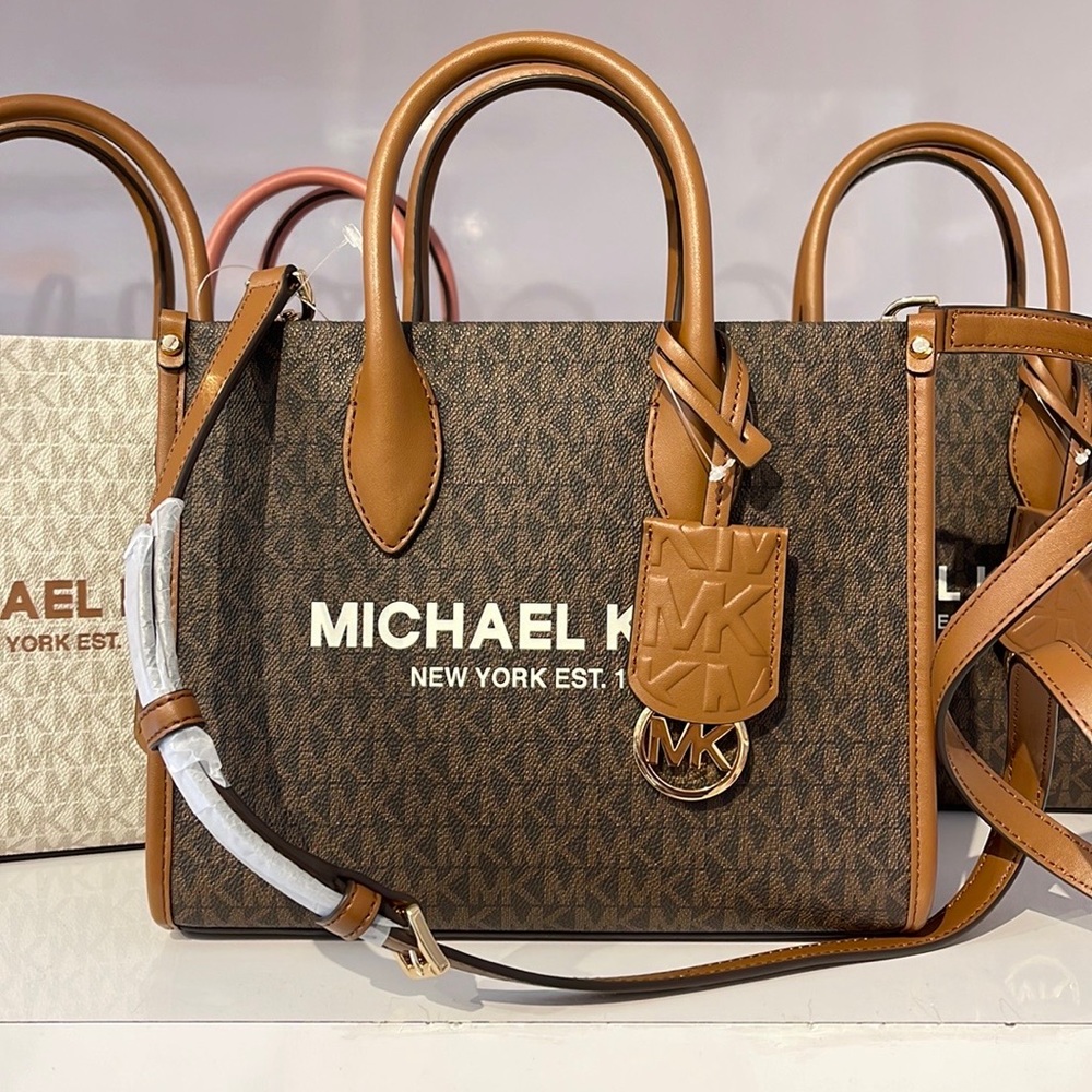 Michael Kors Mirella Small Shopper Top Zip Crossbody Bag Brown Logo MK - Picture 2 of 16